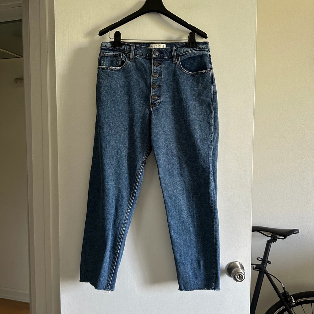Abercrombie & Fitch Blue Denim ‘The Mom High Rise’ Button Up Straight Leg Jeans